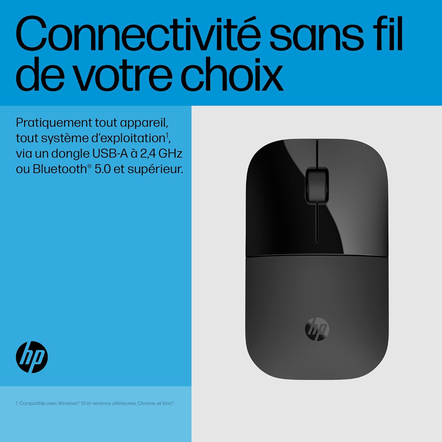 Souris HP Z3700 2.4GHz LED avec une banière bleue avec le logo HP